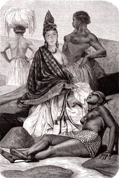Signare, mulatka-francuska Afrykanka na wyspie Goree w Senegalu. 1861 (grawerowanie) autorstwa Gustave Clarence Rodolphe Boulanger