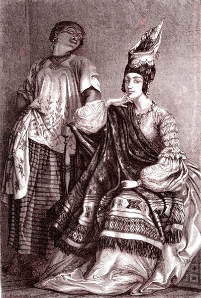 Signare, mulatko-francuskie afrykańskie kobiety w mieście Saint Louis w Senegalu. 1861 (grawerowanie) autorstwa Gustave Clarence Rodolphe Boulanger
