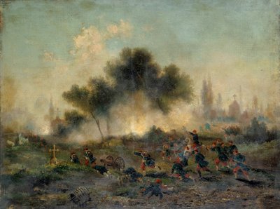 Wojna 1870 przeciwko Prusom: „” szturm na cmentarz wojsk regularnych w maju 1871”” Obraz Gustave