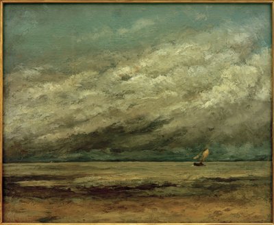 Żaglówka w pobliżu wybrzeża, burzowe niebo autorstwa Gustave Courbet