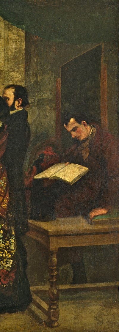 Baudelaire czytający książkę, fragment z „Pracowni malarza, alegoria prawdziwa”, 1855 (szczeg. 19190) autorstwa Gustave Courbet