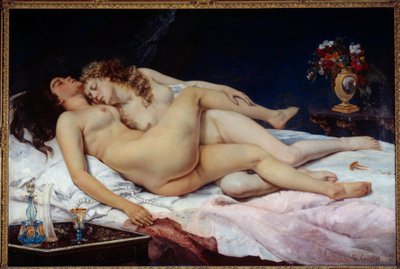 Spać. Dwie nagie kobiety przytulone w łóżku autorstwa Gustave Courbet