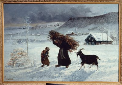 Wiejska bieda, Ornans. Chłop z córką przynoszą na zimę chleb, prycze z drewna i kozę. Obraz Gustave