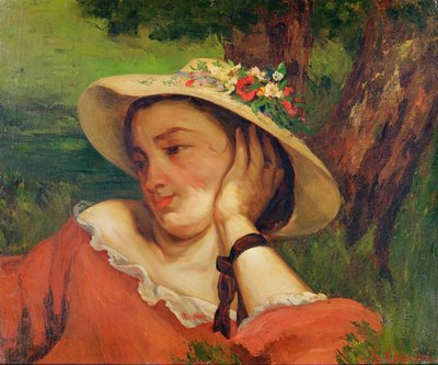 Kobieta w słomianym kapeluszu z kwiatami, ok. 1857 autorstwa Gustave Courbet