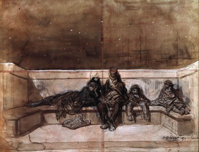Para i dwoje dzieci śpiących na londyńskim moście (A Couple and Two Children Sleeping on a London Bridge) autorstwa Gustave