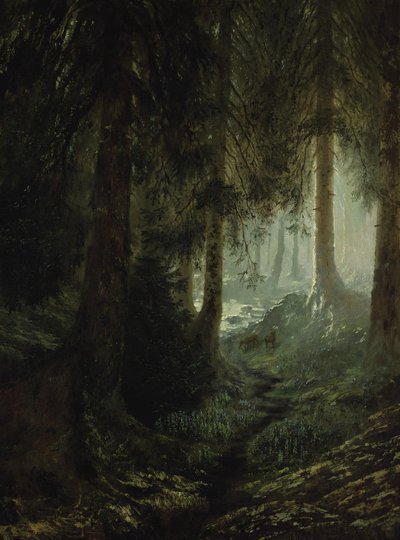 Jeleń w leśnym krajobrazie autorstwa Gustave Dore