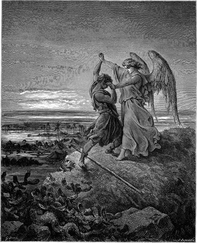 Jakub zmaga się z aniołem (Rdz 32:24-32) autorstwa Gustave Dore