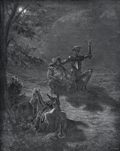Dyskurs nocny - z „Don Kichota z Manchy” Miguela Cervantesa (1547-1616) (Don Kichota) - Drzeworyt wg rysunku Gustave