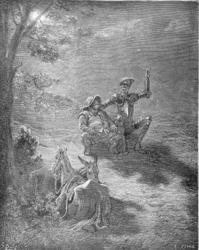 Nocna rozmowa, z "Don Kichota z Manczy" Miguela Cervantesa (1547-1616), rytowana przez Heliodora Josepha Pisana (1822-90), ok. 1868 r. autorstwa Gustave Dore