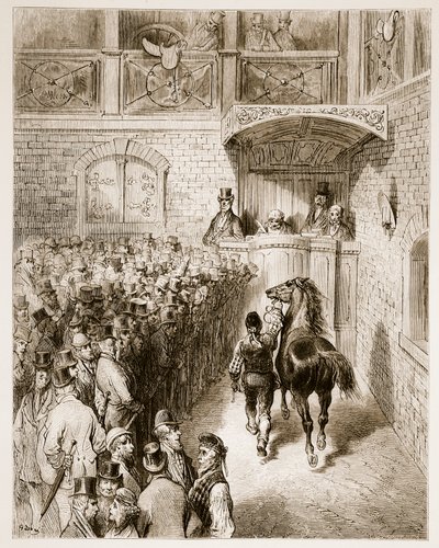 Wyprzedaż u Tattersalla, z „Londynu, pielgrzymka”, napisana przez Williama Blancharda Jerrolda (1826-94) i grawerowana przez Pannemakera, wyd. 1872 autorstwa Gustave Dore