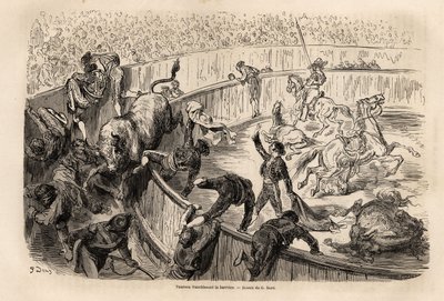 Byk przekraczający barierę podczas walki byków w Walencji, rysunek Gustave Dore (1832-1883), ilustrujący jego podróż do Hiszpanii z C. Davillierem w 1862 r. Rycina w „Le tour du monde”, pod redakcją Edouard Charton autorstwa Gustave Dore
