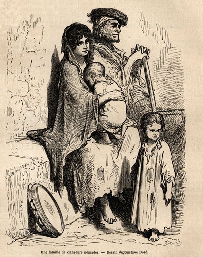 Rodzina koczowniczych tancerzy odpoczywających na ulicach Sewilli. Szkic wykonany na żywo przez Gustave Dore (1832-1883). Rycina ilustrująca podróż do Hiszpanii w 1862 r. autorstwa Charlesa Davilliera i Gustave