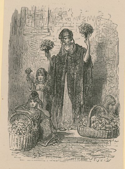 Grupa młodych kobiet sprzedających kwiaty z koszy autorstwa Gustave Dore