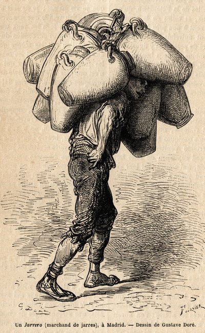 Handlarz słojami, szkic na żywo zrobionym w Madrycie. Grawer Gustave Dore (1832-1883) ilustrujący jego podróż do Hiszpanii z Ch. Davillier (redaktor), w 1862 r., opublikowany w „Le tour du monde”” 1869, red. Edouard Charton, wyd. Hachette, Paryż. autorstwa Gustave Dore