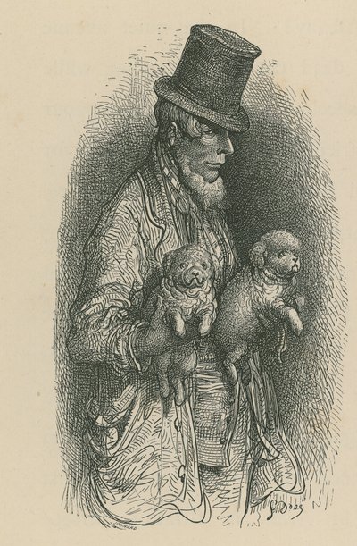 Mężczyzna w cylindrze trzymający w rękach dwa psy autorstwa Gustave Dore