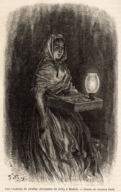 Sprzedawczyni woskowych zapałek, szkicuje na żywo na puerta del sol w Madrycie. Grawer Gustave Dore (1832-1883) ilustrujący jego podróż do Hiszpanii z Ch. Davillier (redaktor), w 1862 r., opublikowany w „”Le tour du monde”””1869, red. Edouard Charton, autorstwa Gustave Dore