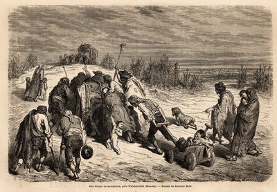 Grupa żebraków i niedołężnych, prawdziwy sąd cudów, zmierza do pilnej prośby o migdały w okolicach Almuradiel (prowincja Mancha). Rysunek Gustave Dore (1832-1883). Grawerowanie ilustrujące podróż w Hiszpanii, w 1862 przez Charles autorstwa Gustave Dore