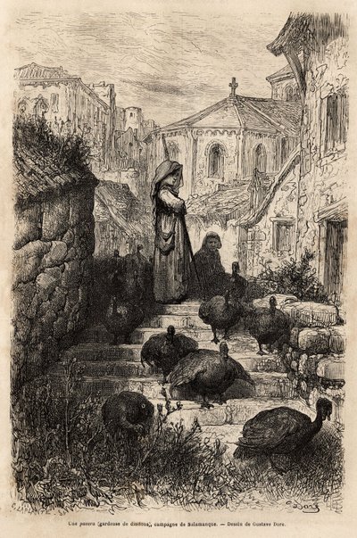 Opiekun indyków na ulicach wioski na wsi Salamanki. Rysunek Gustave Dore (1832-1883). Grawerunek ilustrujący podróż po Hiszpanii, Charles Davillier, w 1862, opublikowany w „”Le tour du monde”””” 1872, pod redakcją Edouarda Charta autorstwa Gustave Dore