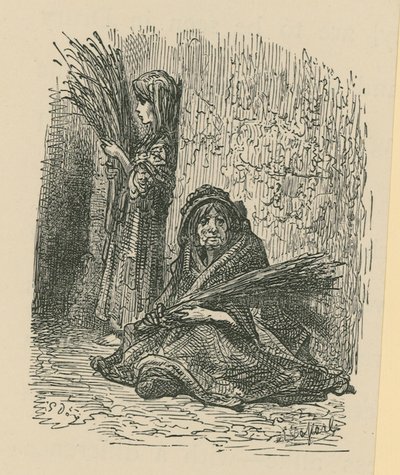Kobieta i młoda dziewczyna sprzedająca suszone kwiaty autorstwa Gustave Dore