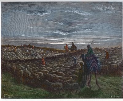 Abraham Journeying Into the Land of Canaan - Abram osiadł w ziemi Kanaan - grawerowanie w „The Bible illustree” Gustave