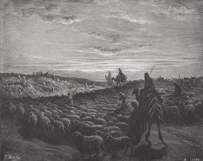 Abraham Journeying Into the Land of Kanaan, Genesis 13:1-4, ilustracja z "The Holy Bible" Dore