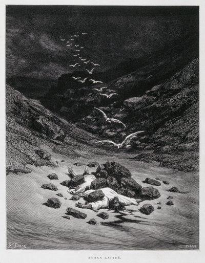 Achan został ukamienowany (Joz. 7:1,10-26), ilustracja z Biblii Dore