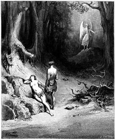 Adam i Ewa polują w raju. Ilustracja Gustave