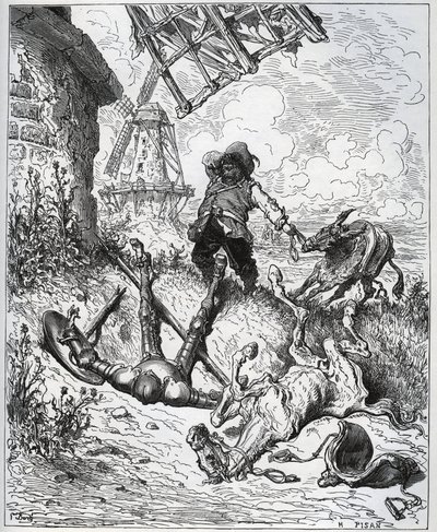 Po szturmie daje wiatraki - „” Misericorde! „” Sancho - z „” Don Kichot de la Mancha”” Miguela Cervantesa (1547-1616) (Don Kichot) - Drzeworyt wg rysunku Gustave