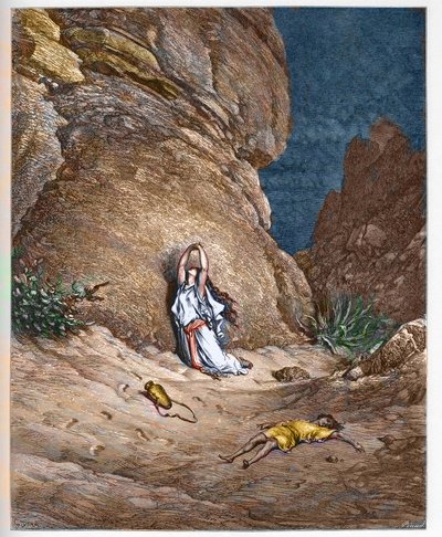 Agar (Hagar) i jej syn Ismail (Izmael), na pustyni po wygnaniu przez Abrahama - Agar (Hagar) i syn Ismael (Izmael), na pustyni po polowaniu przez Abrahama - grawerowanie w „Ilustracji Biblii”” Gustave Dore (1832-1883) - Grawerowanie fr autorstwa Gustave Dore