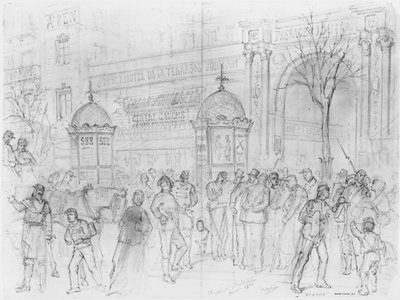 Album oblężenia Paryża, Boulevard Montmartre, styczeń 1871 (pióro und brązowy tusz i ołówek na papierze) autorstwa Gustave Dore