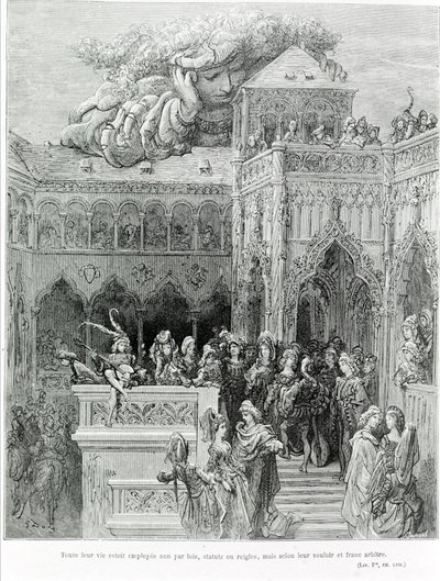 Całe ich życie było zajęte nie przez prawa, statuty czy zasady, ale zgodnie z ich wolą i szczerą wolą, za Gargantua (1534) François Rabelais (1483 - 1553). Grawerowane przez Gustave Dore (1832-1883). autorstwa Gustave Dore