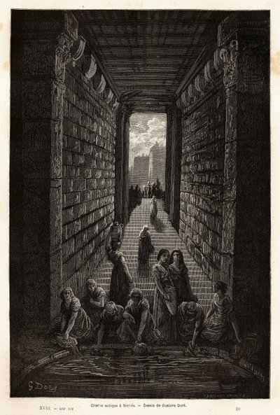 Zabytkowa cysterna, nadal używana w Meridzie. Grawer ilustrujący podróż do Hiszpanii autorstwa Gustave Dore (1832-1883) ilustratora i barona Ch. Reaktor Davillier, w 1862 r., opublikowany w „Le tour du monde, nouveau journal des voyages”, pod kierunkiem autorstwa Gustave Dore