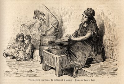 Sprzedawczyni kasztanów na świeżym powietrzu, ze swoim przenośnym piekarnikiem, szkicuje na obrazie na puerta del sol w Madrycie. Grawer Gustave Dore (1832-1883) ilustrujący jego podróż do Hiszpanii z Ch. Davillier (redaktor), w 1862 r., opublikowany w „”L autorstwa Gustave Dore