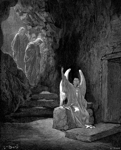 Anioł ukazujący Marii Magdalenie i innej pustej grobie Marii Chrystusa, 1865-1866 autorstwa Gustave Dore