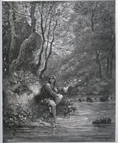 Wygląd Dorothee w stroju rolnika - z „Don Kichota z Manchy” Miguela Cervantesa (1547-1616) (Don Kichota) - Drzeworyt wg rysunku Gustave