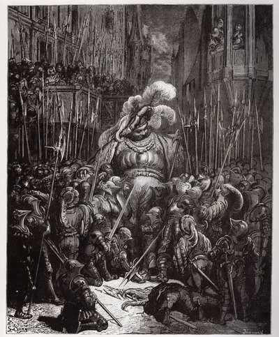 Na początku dźwięk, uprzejmie podziękował wszystkim spawaczom swoich legionów - ilustracja z "Gargantua i Pantagruel", autorstwa Francois Rabelais - rycina Gustave Dore (1832-1883) autorstwa Gustave Dore