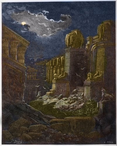 Ruiny Babilonu - Upadek Babilonu - Babilon w ruinie (wizja św. Jana) - Grawerowanie w „The Bible illustree” Gustave