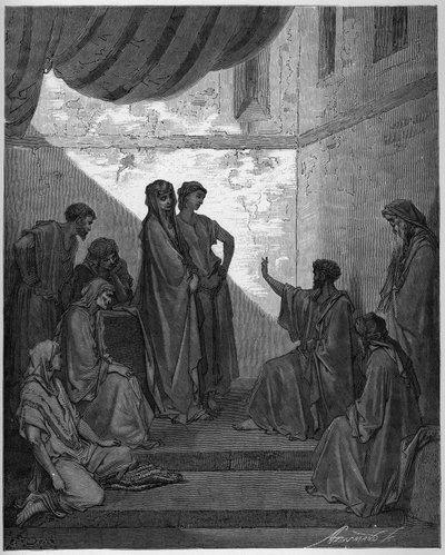 Chrzest Korneliusza setnika - Korneliusz setnik przyjmuje wiarę Jezusa Chrystusa i zostaje ochrzczony przez św. Piotra. - Grawerowanie w „The Bible illustree” Gustave