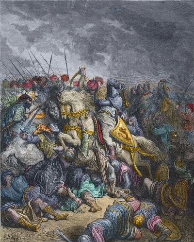 Bitwa pod Arsur - Ryszard I Lwie Serce (1157-1199), król Anglii biorący udział w III krucjacie - Ryszard Lwie Serce w bitwie pod Arsuf (1191), III krucjata, rycina Gustave Dore - z Historii wypraw krzyżowych Józefa - Francois Michaud autorstwa Gustave Dore