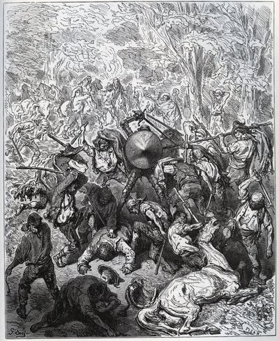 Bitwa z mułami - Yangois używali swoich maczug - z „Don Kichota z Manchy” Miguela Cervantesa (1547-1616) (Don Kichota) - Drzeworyt wg rysunku Gustave