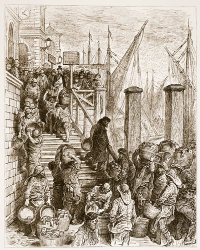 Billingsgate, Lądowanie ryby, z „Londyn, pielgrzymka”, napisane przez Williama Blancharda Jerrolda (1826-94) i grawerowane przez Hildibranda, wyd. 1872 autorstwa Gustave Dore