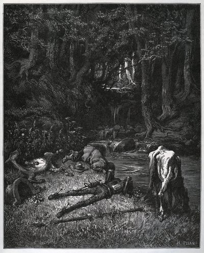 Biwak w lesie - Przekonani pięknem tego miejsca postanowili spędzić tam godziny drzemki - z „Don Kichota z Manchy” Miguela Cervantesa (1547-1616) (Don Kichota) - Drzeworyt wg rysunku autorstwa Gustave Dore autorstwa Gustave Dore