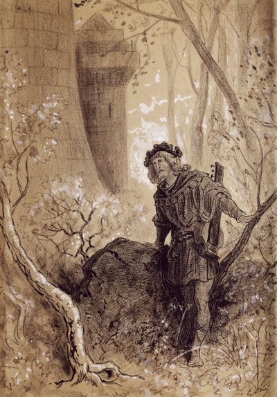 Blondel słyszący głos Ryszarda Lwie Serce, ilustracja do Gargantua i Pantagruel autorstwa Francois Rabelais (1483-1494 - 1553), rycina Gustave Dore (1832-1883) autorstwa Gustave Dore