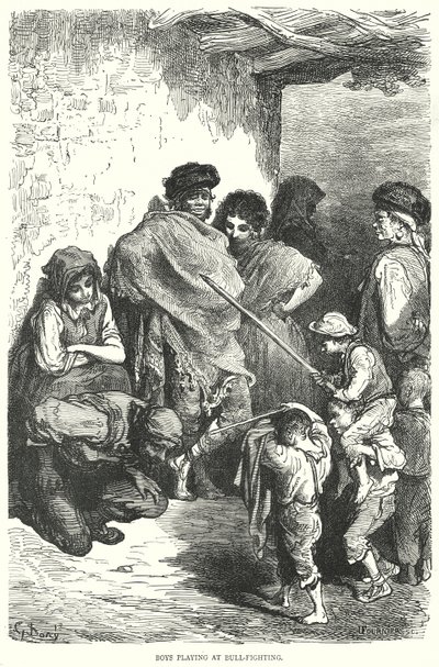 Chłopcy bawiący się w walkę byków (grawerunek) autorstwa Gustave Dore