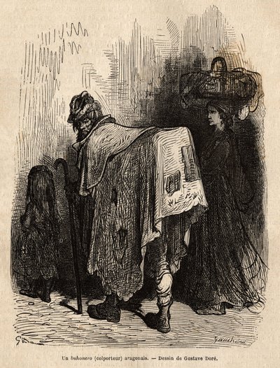 Buhonero, aragoński handlarz. Rysunek Gustave Dore (1832-1883). Rycina ilustrująca podróż po Hiszpanii, autorstwa Charlesa Davilliera, w 1862 r., opublikowana w „Le tour du monde”” 1872, pod redakcją Edouarda Chartona, wyd. Hachette, Paryż. Kolekcja Selva. autorstwa Gustave Dore