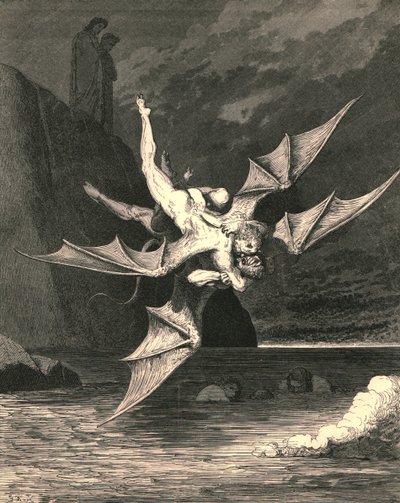 Ale drugi okazał się jastrzębiem... i we wrzącym jeziorze oba spadły, około 1890 roku. autorstwa Gustave Dore