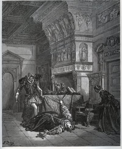 Camille zwodne samobójstwo przed Lothaire i Leonellą - z „Don Kichota z Manchy” Miguela Cervantesa (1547-1616) (Don Kichota) - Drzeworyt wg rysunku Gustave