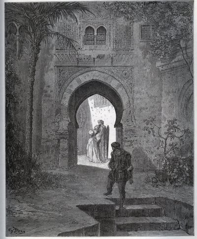 Zniewolona historia. Pierwsze spotkanie niewoli z Zoraide w ogrodzie ojca, który sprowadza ją z powrotem po swoim złym samopoczuciu z „Don Kichota z Manchy” Miguela Cervantesa autorstwa Gustave Dore
