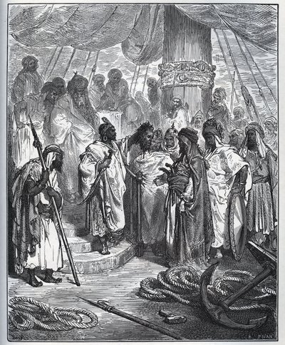 Zniewolona historia. Głowa Pagano Dorii odcięta przez Arabów - Arabowie odcięli mu głowę i zanieśli generałowi floty tureckiej - z „Don Kichota de la Mancha”” Miguela Cervantesa (1547-1616) (Don Kichota) - Drzeworyt po rysowaniu przez Gustave Dore autorstwa Gustave Dore