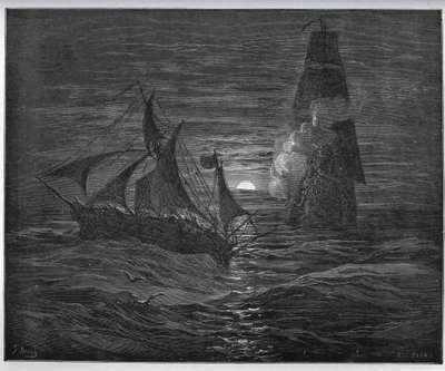 Zniewolona historia. Hiszpańska łódź ratunkowa zostaje zaatakowana przez francuski statek z „Don Kichota de la Mancha” Miguela Cervantesa (1547-1616) (Don Kichota) - Drzeworyt wg rysunku Gustave